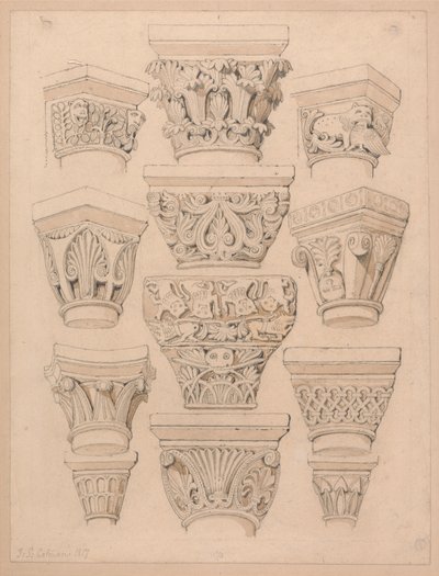 Capitals in the Abbey Church of St. Georges de Bocherville, near Rouen, Normandy by John Sell Cotman